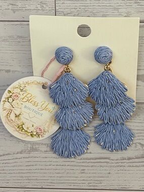 Light Blue Thread Tassel Drop Earrings